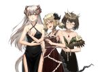  3girls :d absurdres ahoge alternate_costume antutu arknights bangs bare_arms bare_shoulders black_choker black_dress black_hair blonde_hair chinese_commentary choker closed_eyes commentary_request cowboy_shot criss-cross_halter dress earrings eyebrows_visible_through_hair glasses halterneck head_tilt highres horns ifrit_(arknights) jewelry long_hair low_twintails multiple_girls off-shoulder_dress off_shoulder open_mouth pendant red_lips red_nails rhine_lab_logo round_eyewear saria_(arknights) short_hair side_slit silence_(arknights) silver_hair simple_background sleeveless sleeveless_dress smile standing tail tape_measure twintails very_long_hair white_background yellow_eyes 
