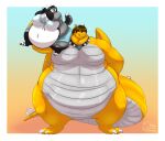  2016 alicia_(biglovealicia) ambiguous_gender anthro belly big_belly big_breasts biglovealicia black_body breasts canid canine canis clothing digital_drawing_(artwork) digital_media_(artwork) digital_painting_(artwork) dragonite duo female fur hair jewelry mammal necklace nintendo orange_body overweight overweight_ambiguous overweight_female pok&eacute;mon pok&eacute;mon_(species) signature thick_thighs video_games white_body wings wolf 