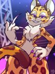  anthro clawroline claws convenient_censorship deathzera felid female grin hand_on_hip hi_res kirby_(series) leopard looking_at_viewer low-angle_view mammal nintendo pantherine sharp_claws smile solo video_games wide_hips 