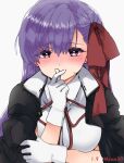  1girl artist_name bangs bb_(fate) bb_(fate/extra) blush breasts coat commentary_request covered_mouth eyebrows_visible_through_hair eyelashes fate/extra fate/extra_ccc fate_(series) gloves large_breasts long_hair long_sleeves looking_at_viewer mzoo39 purple_eyes purple_hair red_ribbon ribbon shirt simple_background solo sweatdrop twitter_username upper_body white_background white_gloves white_shirt 