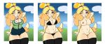  absurd_res animal_crossing anthro big_breasts blush bra breasts canid canine canis clothed clothing domestic_dog female genitals hand_behind_head hi_res isabelle_(animal_crossing) legwear looking_at_viewer mammal nekiny nintendo nude one_eye_closed panties pussy solo thigh_gap thigh_highs tongue tongue_out underwear video_games wink 