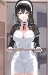  1girl black_hair breasts cleavage cookie covered_navel cup food gloves hairband highres kfr long_hair mug open_mouth original puffy_sleeves solo tray white_gloves 