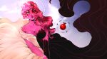  1girl asymmetrical_hair bare_shoulders black_gloves breasts cleavage colored_skin elbow_gloves food fruit gloves jewelry lipstick long_hair looking_at_viewer lore_olympus makeup medium_breasts persephone_(lore_olympus) pink_eyes pink_hair pink_skin pomegranate red_eyes split_theme two-tone_dress 