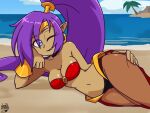  beach belly_dancer big_breasts breasts choker clothing deathzera ear_piercing ear_ring female genie hair hi_res humanoid humanoid_pointy_ears jewelry looking_at_viewer lying midriff necklace not_furry on_side one_eye_closed piercing ponytail seaside shantae shantae_(series) smile solo translucent translucent_clothing video_games wayforward wink 