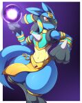  ambiguous_gender anthro blue_body blue_fur canid canine clothing fur hi_res kemojin lucario mammal nintendo pok&eacute;mon pok&eacute;mon_(species) red_eyes ruins_style_lucario solo video_games 