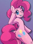  anthro butt deathzera equid equine featureless_hands female friendship_is_magic grin hair hi_res horse looking_at_viewer looking_back mammal my_little_pony one_eye_closed pink_hair pinkie_pie_(mlp) pony rear_view simple_background smile solo wink 