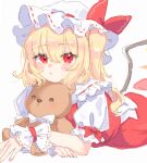  1girl :&lt; blonde_hair blush crystal eyebrows_visible_through_hair flandre_scarlet hair_between_eyes hat hat_ribbon holding holding_stuffed_toy looking_at_viewer mob_cap paragasu_(parags112) puffy_short_sleeves puffy_sleeves red_eyes red_ribbon red_skirt red_vest ribbon shirt short_sleeves skirt skirt_set solo stuffed_animal stuffed_toy teddy_bear touhou vest white_headwear wings wrist_cuffs 