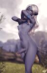  1girl arm_up artist_name au_ra blonde_hair blue_eyes blurry blurry_background bottomless breasts colored_nipples colored_skin commentary day erection final_fantasy final_fantasy_xiv futanari grass groin highres horns long_hair looking_at_viewer navel nipples outdoors penis personal_ami petite purple_nipples purple_skin sadu_dotharl small_breasts solo stomach symbol-only_commentary tail testicles undressing 