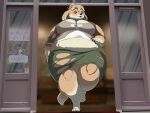  2019 after_eating anthro belly big_belly big_breasts breasts brown_body canid canine canis clothed clothing detailed_background digital_media_(artwork) digital_painting_(artwork) digitigrade domestic_dog female fox fur mammal meanybeany overweight overweight_female restaurant stuffing thick_thighs 