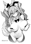  1girl animal_ear_fluff animal_ears bangs breast_hold breasts detached_collar fake_animal_ears fate/extra fate_(series) fishnet_legwear fishnets fox_ears fox_girl fox_tail greyscale hair_between_eyes heart_pasties highres large_breasts long_hair looking_at_viewer maebari meme_attire monochrome navel pasties playboy_bunny rabbit_ears reverse_bunnysuit reverse_outfit sidelocks tail tamamo_(fate) tamamo_no_mae_(fate/extra) twintails wisespeak wrist_cuffs 