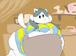  anthro belly big_belly bottomwear clothing female fluffykangaroo hi_res kneeling leaning leaning_on_object overweight overweight_female rumbling_stomach simple_background skirt solo temmie_(undertale) undertale undertale_(series) video_games wide_hips 
