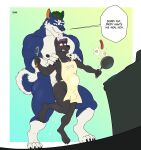  5_fingers abdominal_bulge absurd_res anthro anthro_on_anthro apron apron_only bacon balls big_balls big_dom_small_sub big_knot big_penis black_body black_fur black_pawpads blue_body blue_eyes blue_fur bodily_fluids border canid canine canis chest_tuft chin_piercing claws clothing dialogue dominant duo egg erection finger_claws fingers food from_behind_position fur genitals green_hair hair hi_res holding_partner huge_penis knot male male/male mammal meat mostly_nude muscular muscular_anthro muscular_male nipples nude orange_eyes orange_inner_ear pawpads paws pecs penis piercing plate purple_hair quads sausage sex size_difference smile sweat teeth text toe_claws tuft white_body white_border white_fur wolf zourik 
