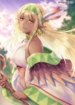  1girl bangs bare_shoulders blonde_hair blurry blurry_background brown_eyes cloud cloudy_sky commission dark-skinned_female dark_skin depth_of_field eyebrows_visible_through_hair feather_hair_ornament feathers hagino_kouta hair_between_eyes hair_ornament holding holding_staff long_hair long_sleeves looking_at_viewer original outdoors parted_lips pointy_ears red_feathers shirt skeb_commission sky sleeveless sleeveless_shirt sleeves_past_wrists smile solo staff sunset twitter_username very_long_hair white_feathers white_shirt wide_sleeves 