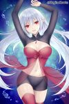  1girl arms_up artist_name breasts commission elf hagino_kouta highres large_breasts long_hair looking_at_viewer nail_polish navel original pointy_ears red_eyes red_legwear red_nails silver_hair skeb_commission smile solo thighhighs twitter_username very_long_hair 
