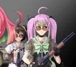  3girls ahoge antenna_hair black_gloves brown_hair double_bun gloves gradient_hair green_hair green_neckwear grey_sailor_collar gun holding holding_gun holding_weapon kantai_collection long_hair momo_(kancolle) multicolored_hair multiple_girls naka_(kancolle) naka_kai_ni_(kancolle) pink_hair ponytail puffy_short_sleeves puffy_sleeves sailor_collar sailor_shirt school_uniform serafuku shirt short_hair short_sleeves shotgun streaked_hair sunglasses tk8d32 twintails ume_(kancolle) weapon white_gloves 