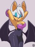  anthro bat_wings big_breasts bodysuit breasts chiropteran cleavage clothed clothing deathzera female hands_behind_head hi_res mammal membrane_(anatomy) membranous_wings rouge_the_bat sega simple_background skinsuit solo sonic_the_hedgehog_(series) tight_clothing wings 