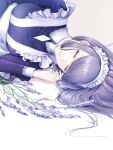  1girl ak-12_(girls&#039;_frontline) arm_up bangs breasts closed_eyes closed_mouth eyebrows_visible_through_hair filha flower girls&#039;_frontline large_breasts lavender_(flower) light_purple_hair lips long_hair lying maid maid_headdress medium_breasts on_floor smile solo white_background 