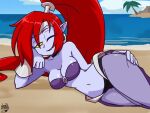  beach belly_dancer big_breasts breasts choker clothing deathzera ear_piercing ear_ring female genie hair hi_res humanoid humanoid_pointy_ears jewelry looking_at_viewer lying midriff necklace nega_shantae not_furry on_side one_eye_closed piercing ponytail red_hair seaside shantae_(series) smile solo translucent translucent_clothing video_games wayforward wink 
