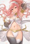  1girl armpits ballerina bangs bare_shoulders blush braid breasts fire_emblem fire_emblem_awakening hair_ornament haru_(nakajou-28) highleg highres lips long_hair looking_at_viewer medium_breasts navel o-ring olivia_(fire_emblem) open_mouth pink_hair revealing_clothes see-through shiny shiny_hair simple_background sleeveless smile solo stomach thighhighs tied_hair white_background 