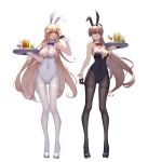 2girls absurdres alternate_costume animal_ears arm_up ass_visible_through_thighs azur_lane bangs black_footwear black_gloves black_legwear black_leotard blonde_hair blue_bow blue_bowtie blush bow bowtie breasts brown_hair cleavage commentary_request covered_navel earrings eyebrows_visible_through_hair fake_animal_ears gloves half_gloves high_heels highres holding holding_tray jean_bart_(azur_lane) jewelry large_breasts leotard long_hair multiple_girls pantyhose rabbit_ears red_bow red_bowtie red_eyes richelieu_(azur_lane) strapless strapless_leotard thigh_gap thighband_pantyhose tray v white_footwear white_legwear white_leotard wrist_cuffs wsfw 