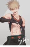  1boy abs bakugou_katsuki blonde_hair boku_no_hero_academia clothes_lift collarbone explosive green_belt grenade grey_background highres looking_at_viewer navel red_eyes scar scar_on_arm scar_on_stomach shirt_lift signature spiked_hair tank_top teeth toned toned_male tongue tongue_out unou_(unou_mha) 