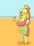  absurd_res animal_crossing anthro beverage big_breasts breasts canid canine canis clothed clothing digital_media_(artwork) domestic_dog female fur hair hi_res holding_beverage holding_object huge_breasts isabelle_(animal_crossing) mammal nintendo nokamiwd outside shih_tzu short_stack simple_background slightly_chubby solo swimwear thick_thighs toy_dog video_games wide_hips yellow_body yellow_fur 