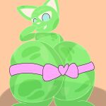  2022 big_butt blue_eyes bow_ribbon butt green_body hand_on_mouth hi_res knees_bent looking_at_butt male orange_background pink_bow simple_background snaggle_tooth 