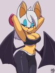  anthro bat_wings big_breasts bottomwear bra breasts chiropteran cleavage clothed clothing deathzera female hands_behind_back hi_res huge_breasts mammal membrane_(anatomy) membranous_wings midriff pants rouge_the_bat sega simple_background solo sonic_the_hedgehog_(series) sports_bra underwear wings yoga_pants 