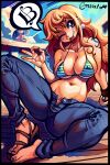  1girl ;q bangle bikini bikini_top_only blue_pants blush bracelet breasts brown_eyes cleavage curly_hair den_den_mushi denim earrings fingernails green_bikini highres jeans jewelry large_breasts long_hair looking_at_viewer micro_bikini mogy64 money_gesture nami_(one_piece) navel one_eye_closed one_piece open_fly orange_hair pants reward_available sandals shoulder_tattoo sitting snail solo spaghetti_strap speech_bubble spread_legs stomach strap_gap swimsuit tattoo toenails toes tongue tongue_out twitter_username underboob 