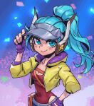  1girl aqua_eyes arcade_quinn high_ponytail jacket league_of_legends open_mouth phantom_ix_row quinn_(league_of_legends) shirt 