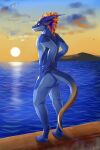  absurd_res anthro arcwolfdragon athletic athletic_male back blonde_hair blue_body blue_skin detailed_background dragon hair hi_res horn looking_at_viewer male muscular muscular_anthro muscular_male nude scalie standing sunset teryx_commodore yellow_eyes 