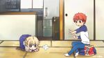  1boy 1girl :o ahoge all_fours artoria_pendragon_(fate) bangs blonde_hair blue_pants blue_shirt blush braid brown_eyes commentary_request derivative_work door emiya_shirou fate/stay_night fate_(series) french_braid green_eyes indoors kobayashi-san_chi_no_maidragon multicolored_shirt mzoo39 orange_hair pants parody pout refrigerator room saber screencap_redraw shirt sidelocks sitting socks white_footwear white_shirt 