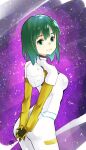  1girl absurdres arched_back arms_behind_back bangs bodysuit breasts character_request closed_mouth cowboy_shot from_side gloves green_eyes green_hair hair_between_eyes highres long_hair looking_at_viewer medium_breasts momoyama_hinase pilot_suit school_girl_strikers sky smile solo standing star_(sky) starry_sky straight_hair white_bodysuit yellow_gloves 