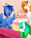  birthday_cake buvanybu cake cutie_mark dessert earth_pony equid equine female feral food furniture group hi_res horse male mammal my_little_pony palm_tree pegasus plant pony simple_background star table tree wings 