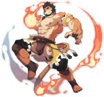  1boy abs alca animal_ears bara bare_pectorals beard black_hair briefs brown_male_underwear bulge chest_hair clothing_cutout crotchless crotchless_pants facial_hair flame-tipped_tail flaming_hand full_body furrification furry furry_male gyee highres jewelry large_pectorals lion_boy lion_ears male_focus male_underwear mature_male muscular muscular_male navel navel_hair necklace nipples official_art pants pectorals red_eyes short_hair stomach tail thick_eyebrows thick_thighs thigh_cutout thighs transparent_background underwear zixiong_zix 
