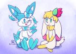  3_fingers 3_toes ambiguous_gender ashley_(shaymin) avis_(sylveon) black_nose blue_nose duo eeveelution feet feral fingers flower fur green_eyes hair hi_res legendary_pok&eacute;mon male nintendo open_mouth paws plant pok&eacute;mon pok&eacute;mon_(species) shaymin simple_background sitting sky_forme_shaymin smile sylveon teal_eyes teal_hair toes tongue video_games white_body white_fur workerq yellow_body yellow_fur 