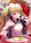  absurdres alcohol blonde_hair cape cup drinking_glass earrings eating egg_(food) eitri_(fire_emblem) fire_emblem fire_emblem_heroes food gloves green_eyes highres jewelry knife lettuce long_hair plate prehensile_hair tomato tri_tails wine wine_glass yamaoka_d1 