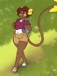  alolan_raichu anthro backpack barefoot bottomwear breasts brown_hair clothing digital_media_(artwork) digitigrade feet female hair halcy0n hi_res navel nintendo pok&eacute;mon pok&eacute;mon_(species) regional_form_(pok&eacute;mon) shirt short_hair shorts smile solo topwear video_games walking 