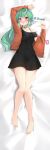  1girl animal_ears bare_legs barefoot black_dress blush bra_strap dakimakura_(medium) dress finana_ryugu green_hair head_fins highres jacket looking_at_viewer lying nijisanji nijisanji_en off-shoulder_dress off_shoulder on_back on_bed orange_jacket parted_lips purple_eyes pussy_juice remote_control_vibrator scales second-party_source sex_toy short_dress solo tamatabe vibrator 