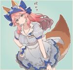  1girl :o animal_ear_fluff animal_ears bangs blue_background blue_bow blush bow breasts cleavage collarbone commentary_request dress eyebrows_visible_through_hair fate/extra fate/grand_order fate_(series) fox_ears fox_girl fox_tail frilled_dress frills hair_between_eyes hair_bow hand_on_hip heart kurusu_piyo large_breasts long_hair looking_at_viewer open_mouth pink_hair puffy_sleeves short_sleeves sidelocks solo split_ponytail striped striped_dress tail tamamo_(fate) tamamo_cat_(lostroom_outfit)_(fate) tamamo_no_mae_(fate/extra) translated visor_cap yellow_eyes 