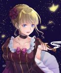  1girl :d bangs beatrice_(umineko) black_choker blonde_hair blue_eyes blunt_bangs breasts bug butterfly choker cleavage collarbone dress hair_ornament highres long_sleeves medium_breasts momoyama_hinase open_mouth purple_background purple_dress short_hair sidelocks smile smoke solo striped striped_dress tied_hair umineko_no_naku_koro_ni upper_body vertical-striped_dress vertical_stripes wide_sleeves 