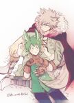  2boys abs animal_ears bakugou_katsuki blonde_hair boku_no_hero_academia boots brown_gloves cape fingerless_gloves fingers_together freckles fur_collar gloves green_eyes green_hair green_shirt highres midoriya_izuku multiple_boys rabbit_ears red_cape shirt sitting spiked_hair tail toned toned_male ume_(326310) wolf_ears wolf_tail yaoi 