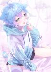  1boy androgynous animal_ears asymmetrical_legwear blue_hair blush fake_animal_ears fake_tail green_eyes highres hood hood_down hoodie indie_virtual_youtuber linechu looking_at_viewer male_focus otoko_no_ko pastel_colors second-party_source short_hair solo tail thighhighs virtual_youtuber vvpxo wavy_hair 