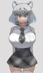  1girl :&lt; absurdres animal_ear_fluff animal_ears arms_behind_back black_hair blue_eyes breast_pocket breasts commentary cowboy_shot extra_ears fang fang_out garter_straps grey_background grey_skirt highres kemono_friends large_breasts looking_at_viewer medium_hair multicolored_hair necktie plaid plaid_necktie plaid_skirt pocket shirt shirt_tucked_in simple_background skirt solo straight-on tented_shirt thigh_gap thighhighs tiger_ears two-tone_hair white_hair white_shirt white_tiger_(kemono_friends) zuchi00 