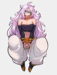  1girl android_21 bare_shoulders blue_eyes breasts cleavage dragon_ball dragon_ball_fighterz full_body glasses grey_background hair_between_eyes kemachiku long_hair majin_android_21 midriff navel pink_hair simple_background solo 