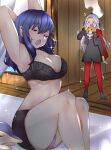  1340smile 2girls absurdres arms_up ass bed blue_hair blush breasts byleth_(fire_emblem) byleth_(fire_emblem)_(female) cape cleavage cyndaquil edelgard_von_hresvelg embarrassed fire_emblem fire_emblem:_three_houses garreg_mach_monastery_uniform highres lingerie multiple_girls open_mouth panties pantyhose pantyshot pink_panties pokemon pokemon_(creature) red_legwear surprised underwear upskirt waking_up walk-in yawning 
