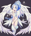  1girl angel_wings black_background blue_dress blue_eyes blue_hair boots bracelet brooch choker crystal_earrings cure_diamond diamond_(shape) dokidoki!_precure dress earrings feathered_wings forehead full_body headdress heart_brooch highres hishikawa_rikka jewelry long_hair looking_away precure puffy_short_sleeves puffy_sleeves short_sleeves solo tiara user_raah5353 very_long_hair wings yellow_choker 