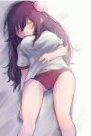  breasts brown_hair closed_eyes commentary_request hair_between_eyes hair_ribbon hand_on_own_stomach highres kantai_collection karin_bluez3 kisaragi_(kancolle) large_breasts long_hair lying messy_hair panties red_panties ribbon shirt sleeping underwear white_shirt 