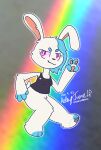  2022 4_fingers anthro aroohwahoou black_clothing black_shirt black_tank_top black_topwear blue_hair blush bottomless clothed clothing crotch_tuft dated dipstick_paws eyelashes female fingers freckles fur gesture hair hi_res lagomorph leporid lgbt_pride mammal pawpads pink_eyes pride_pin rabbit rainbow_background shirt simple_background smug solo tank_top topwear tuft v_sign white_body white_fur 