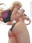  ass bag bangs barbell_piercing bikini black_bikini blonde_hair breasts colored_tips cowboy_shot ear_piercing earrings floral_print gradient_hair ignite_(artist) jewelry kitagawa_marin large_breasts long_hair multicolored_hair one_eye_closed piercing print_bikini red_eyes red_hair school_bag sideboob skindentation sono_bisque_doll_wa_koi_wo_suru string_bikini swept_bangs swimsuit 